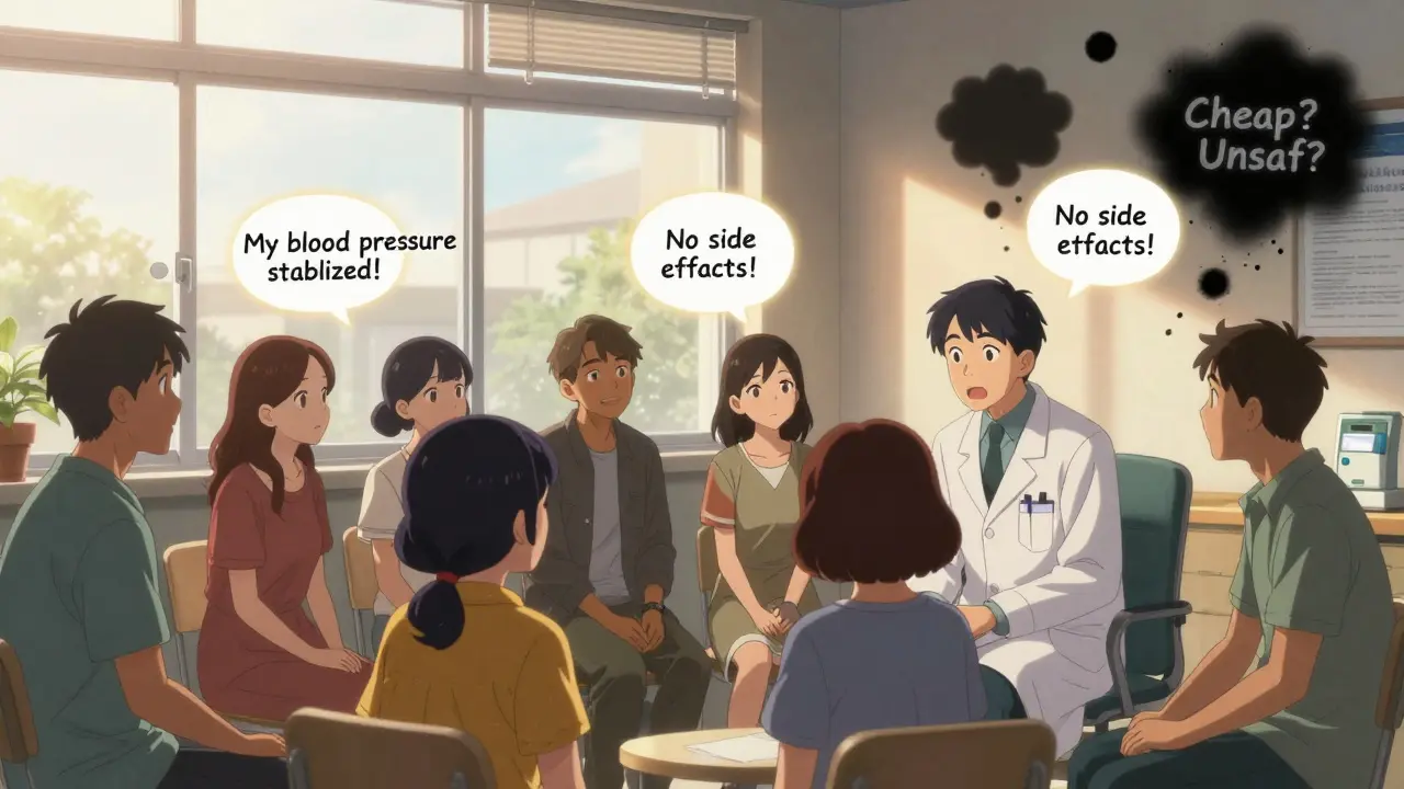 Diverse patients listen to a doctor as doubt clouds dissolve into sunlight in a community clinic.