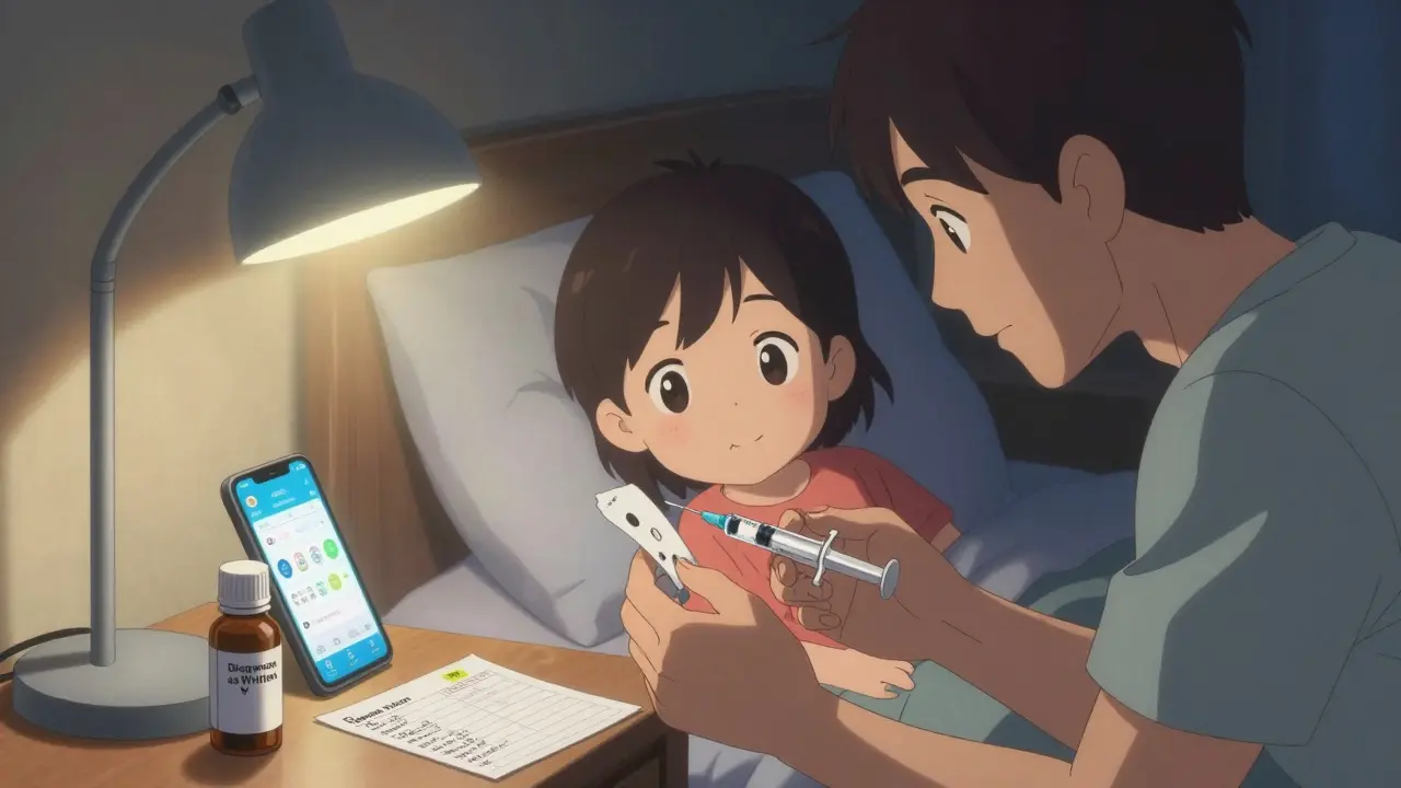 Father measures liquid medicine with oral syringe for child under bedside lamp.