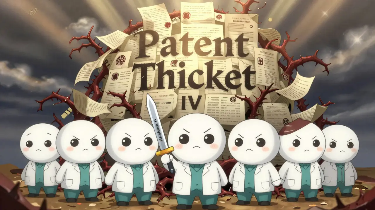 Generic drug developers fight a thorny maze of legal scrolls with a tiny sword under golden light.