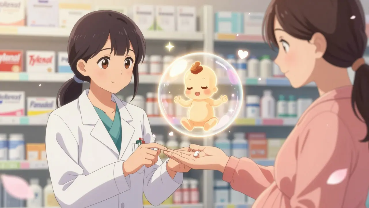 OB-GYN guiding pregnant patient to acetaminophen, glowing baby nearby, safe medication labeled clearly.