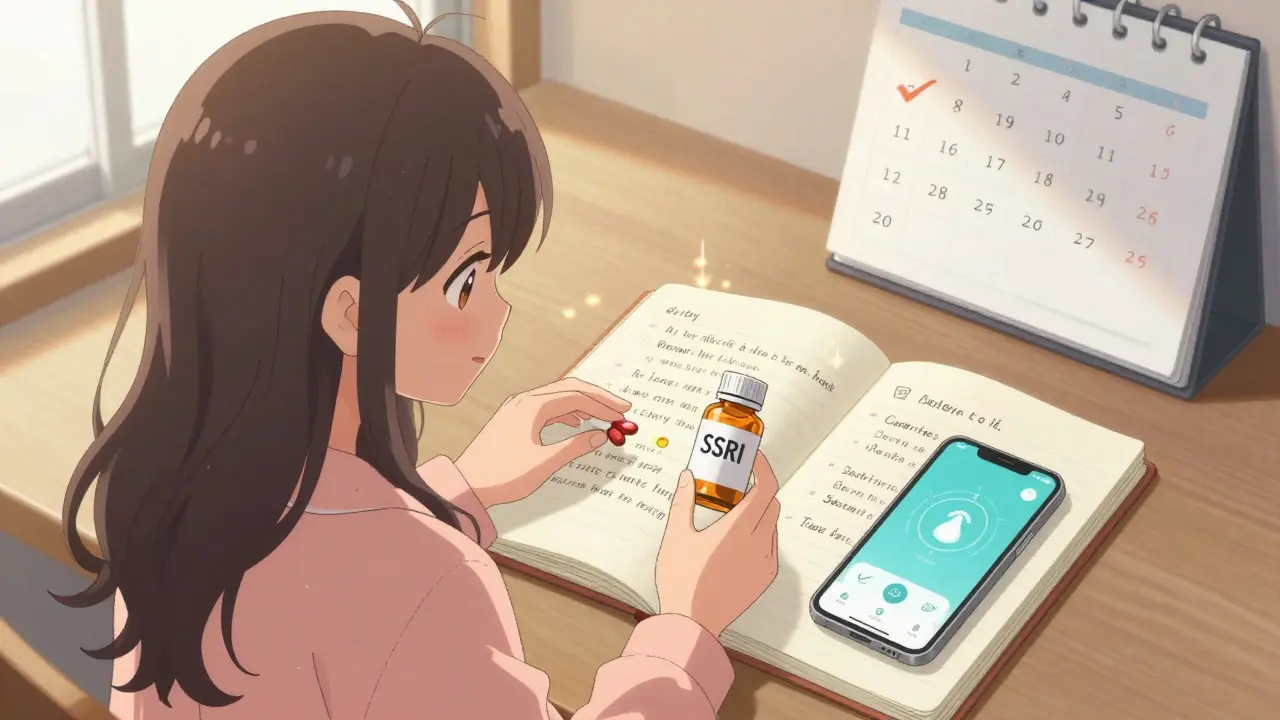 Person holding medication and notebook with grounding notes, surrounded by light and daily progress.