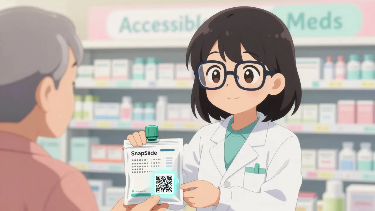 Pharmacist handing a prescription with accessible labels and QR code to a senior customer.