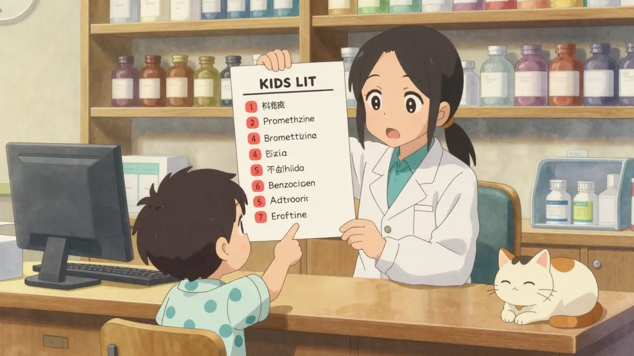 Pharmacist shows KIDs List warning chart to a curious child in a clinic.