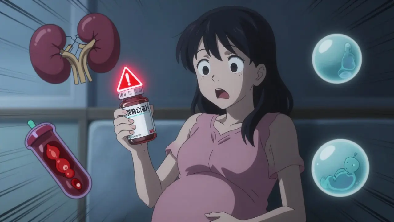 Pregnant woman shocked by ibuprofen in cold medicine, with warning symbols of kidney and blood vessel damage.