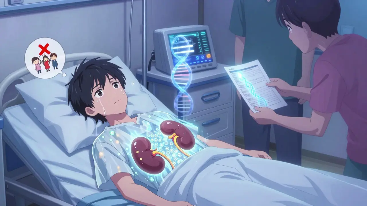 Teen boy in hospital bed with translucent enlarged kidneys showing cysts, parents holding genetic test, soft medical lighting.