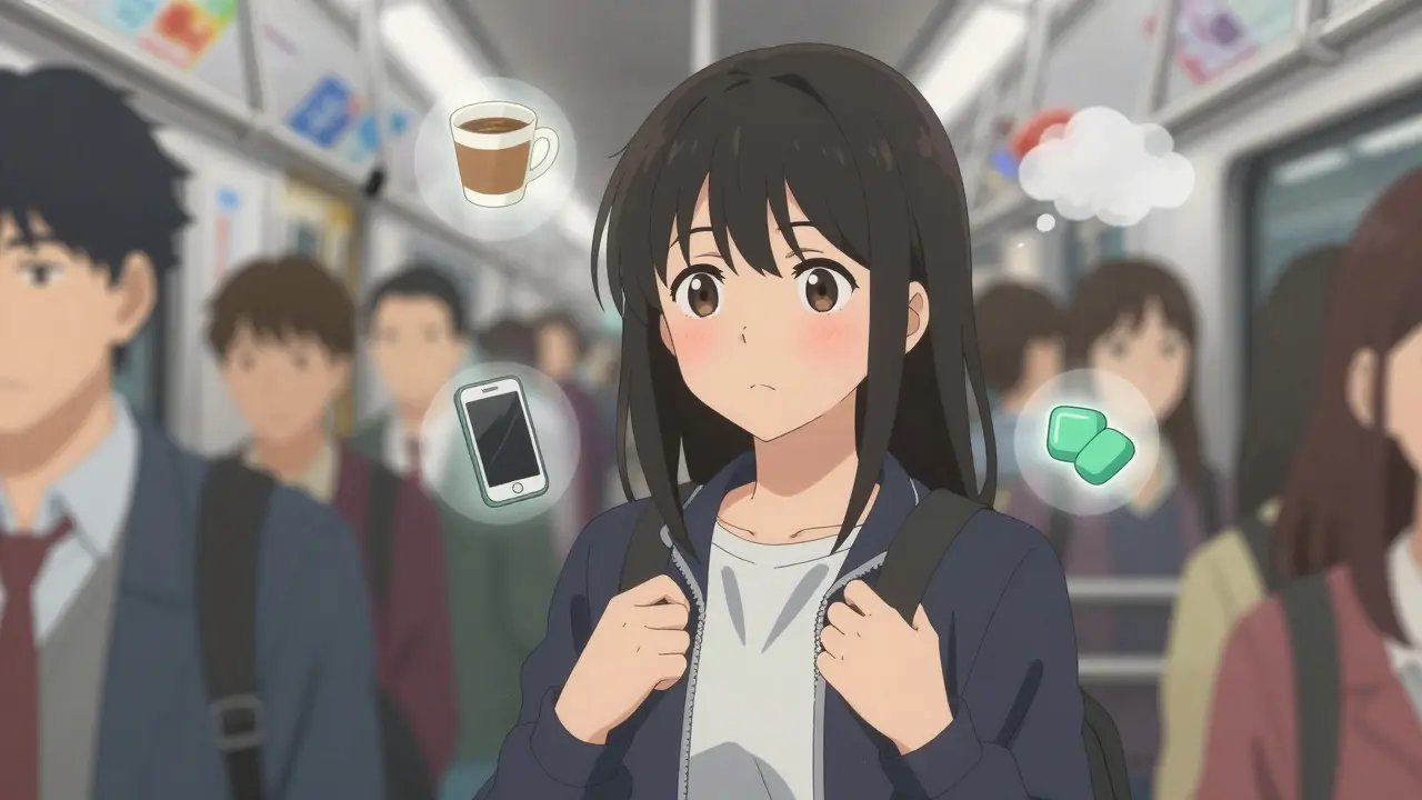 Teen using grounding techniques quietly on a busy subway with floating sensory icons.