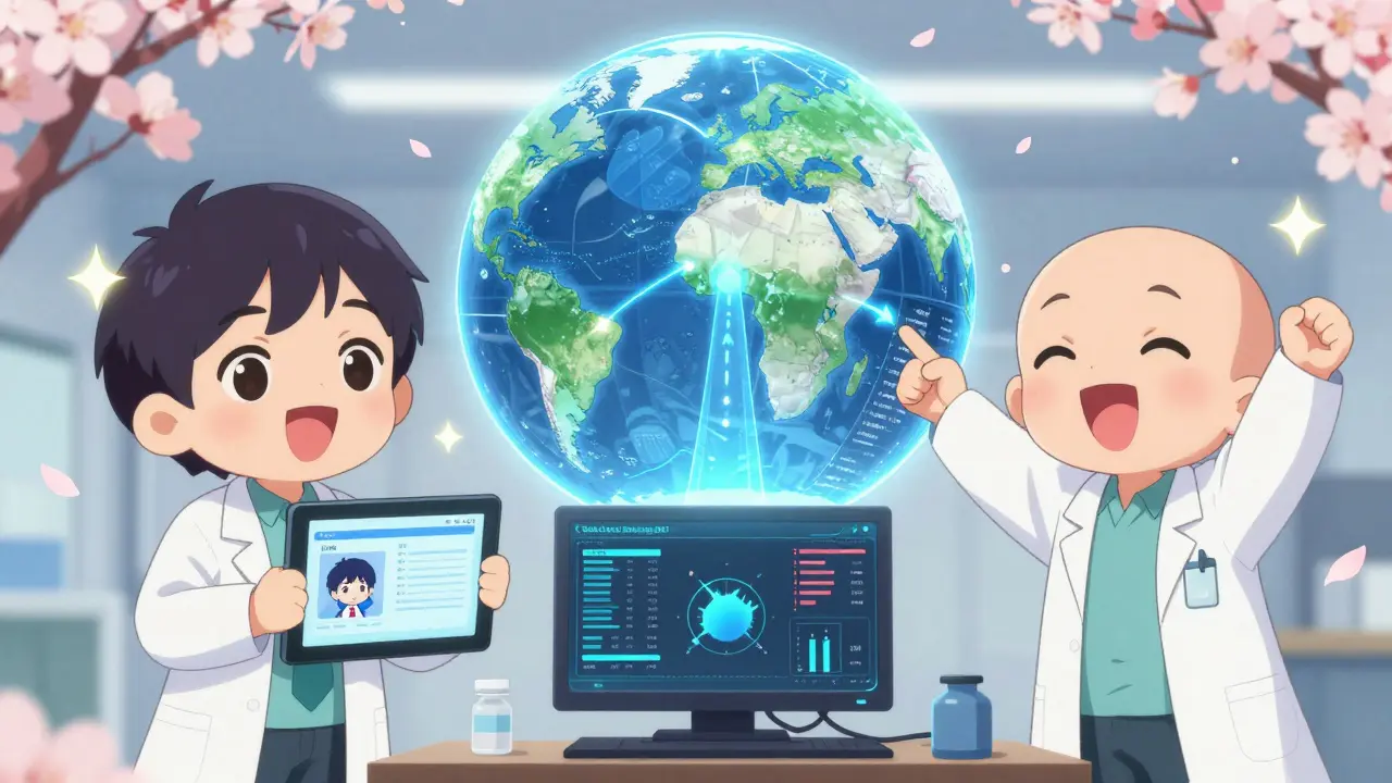 Three scientists observe a holographic globe showing global adverse event data flowing between countries, with AI and real-time monitoring visuals.