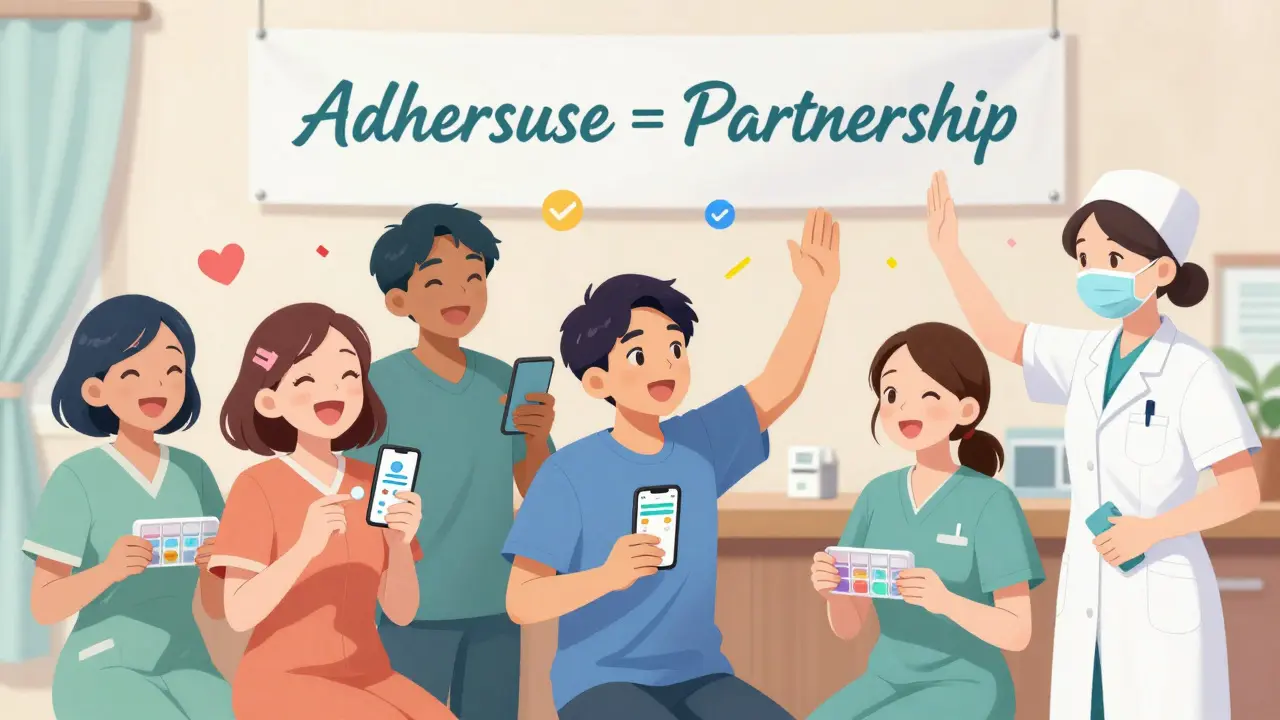 A diverse group of patients celebrate improved medication adherence with a nurse in a cheerful community center.