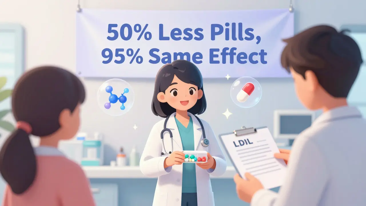 A doctor smiling at two patients with statin and ezetimibe icons floating around them in a clinic.