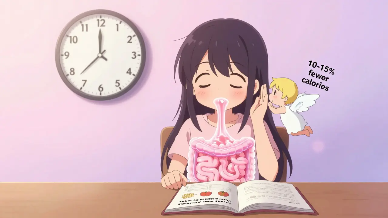 A girl at dinner with a glowing digestive tract showing soluble fiber slowing food absorption.