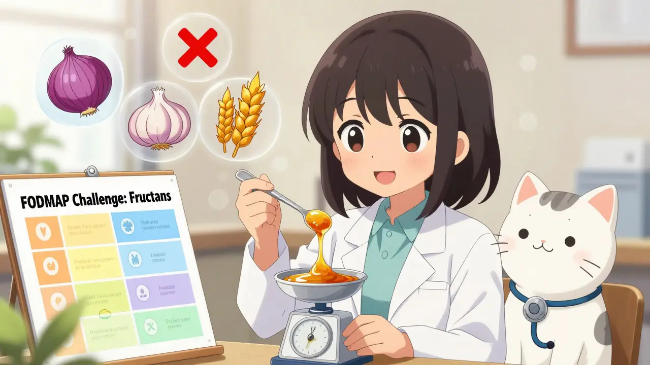 A girl carefully measuring honey with a scale during a FODMAP challenge, surrounded by food icons.