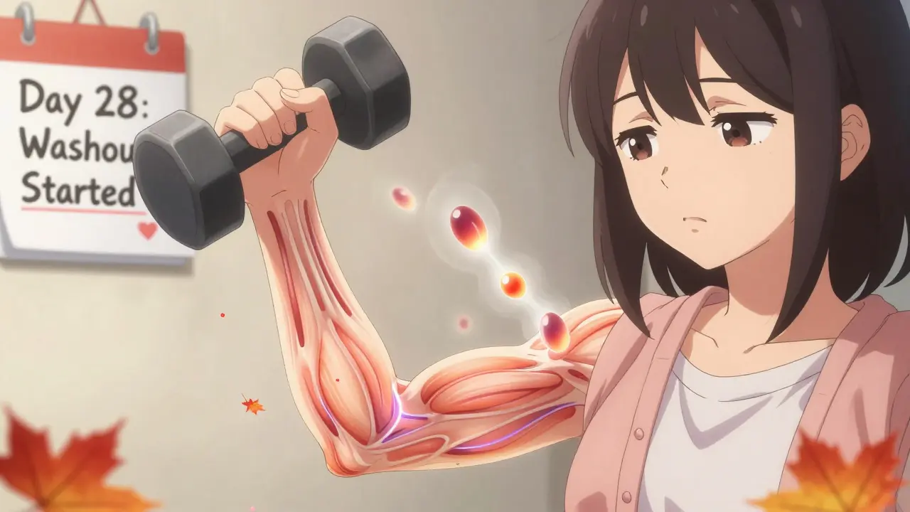 A girl lifting a dumbbell as energy molecules fade from her muscles, showing statin-induced fatigue.