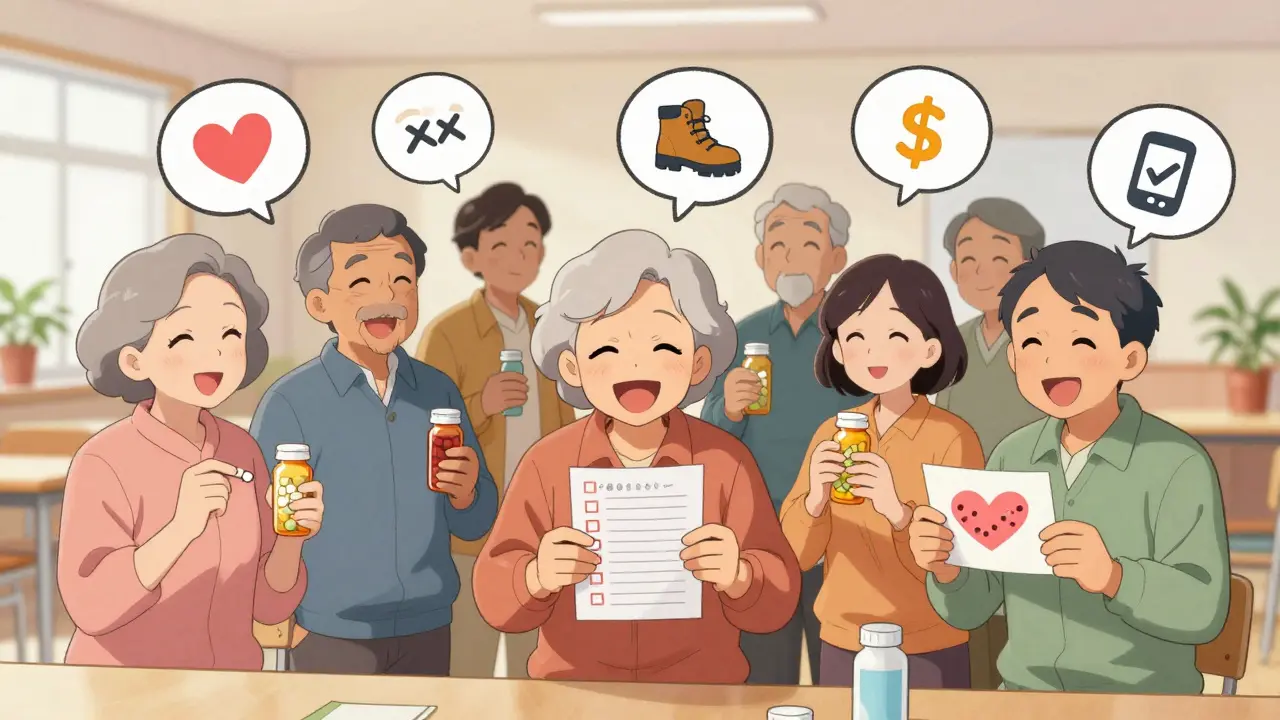 A group of older adults taking medication together in a cozy community center, laughing and sharing smiles.