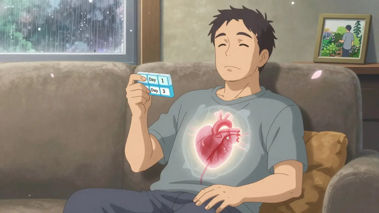 A man relaxing on a couch with a pill organizer, showing eased muscle tension and lowered LDL levels.