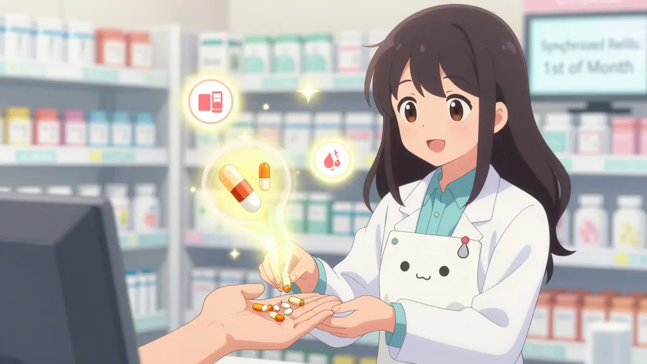 A pharmacist handing a combined pill to a patient as two separate pills dissolve into light.