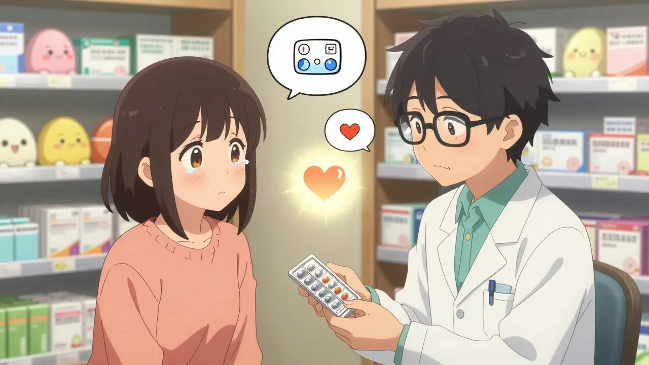 A pharmacist hands a patient a pre-sorted pill pack while they share a warm, emotional moment.