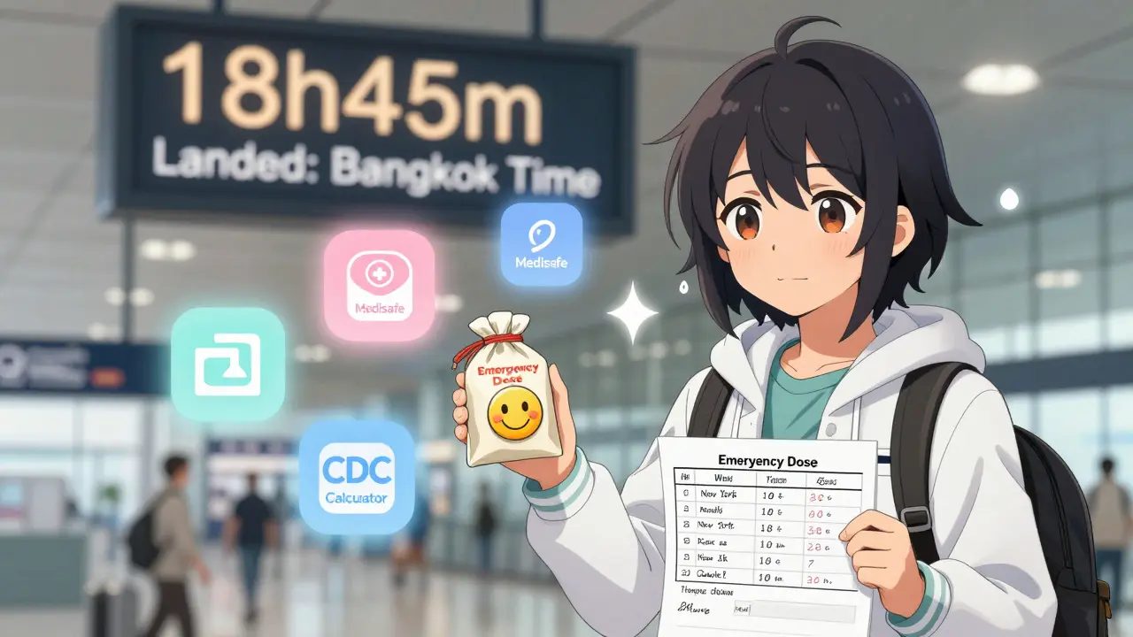 A pharmacist hands a traveler an emergency pill pouch with app icons floating nearby, holding a printed dosing schedule for international travel.