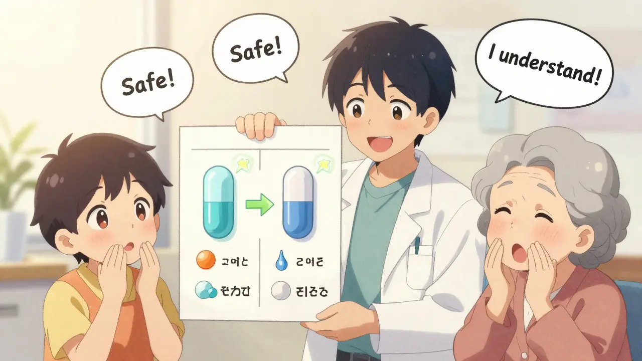 A pharmacist shows a visual comparison of brand and generic pills to two patients, conveying reassurance and clarity.