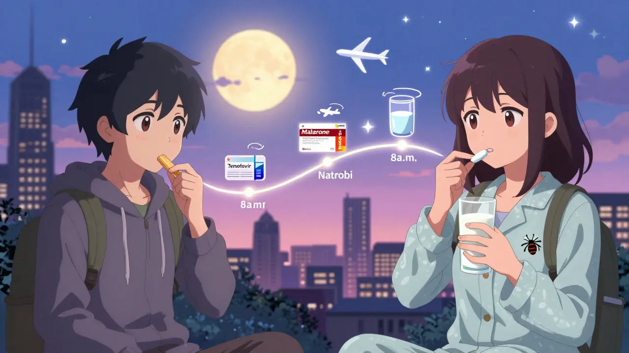 A split-panel scene showing a traveler taking medication at home and at destination, connected by a glowing timeline with time zones and drug icons.