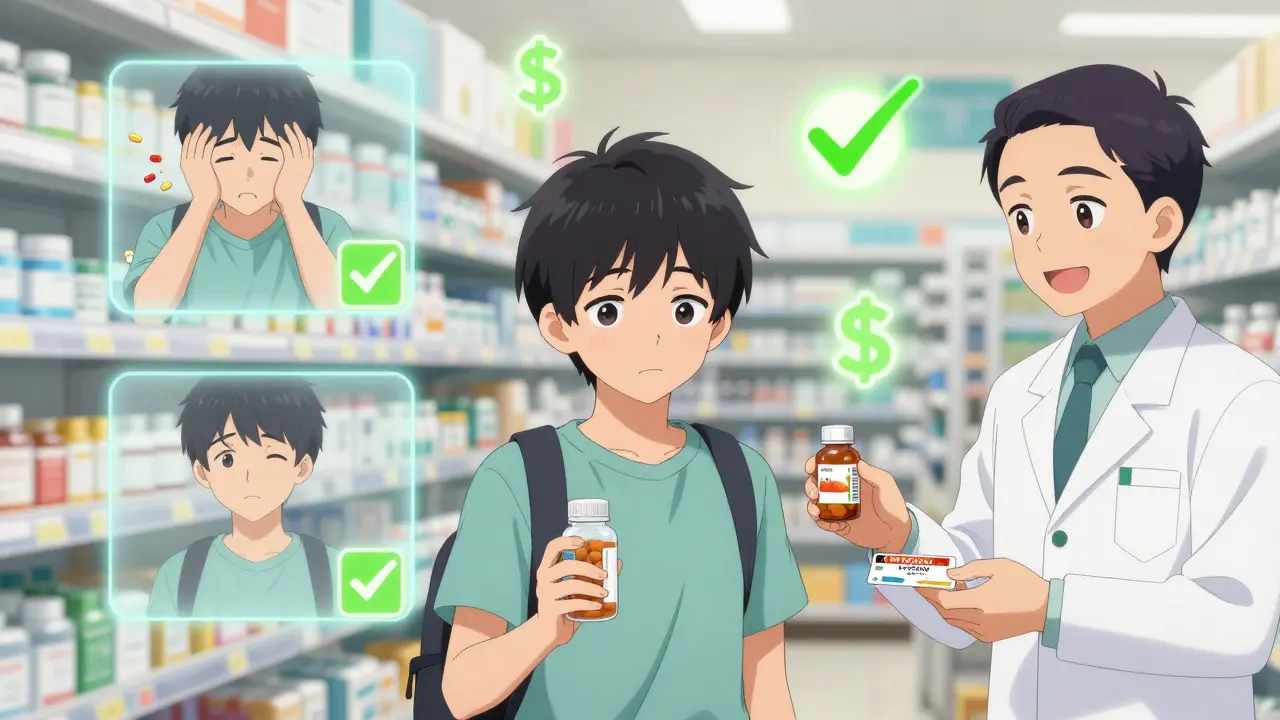 A teen receiving a discount card from a kind pharmacist, with floating panels showing her journey from stress to relief.