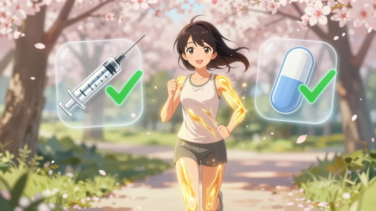 A woman jogging peacefully as her muscles glow with restored function, symbolizing recovery from statin myopathy.