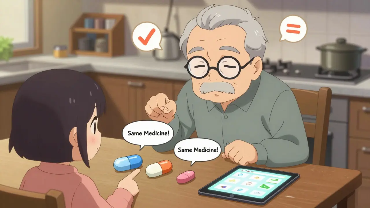An elderly man examines differently shaped pills at home, guided by a granddaughter using a pill identification app.