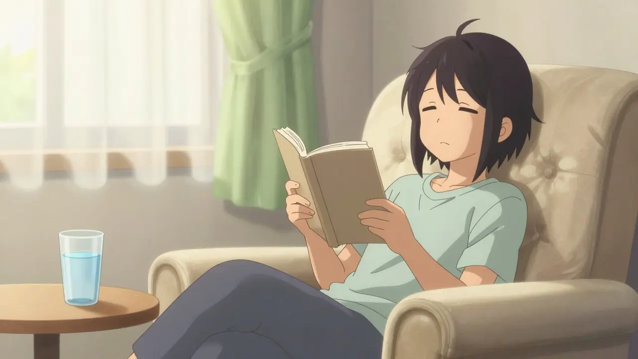 Cute anime character relaxing in armchair with water glass in peaceful sunlit room.
