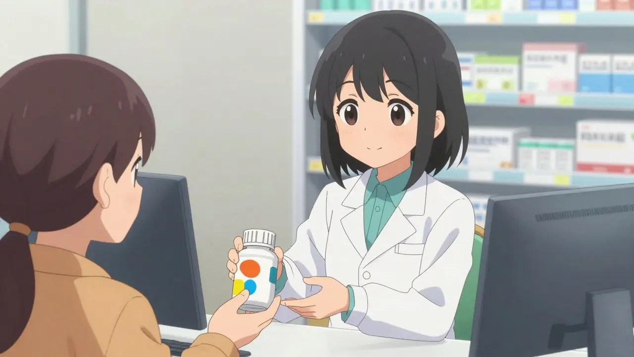 Cute anime pharmacist handing over medication safely