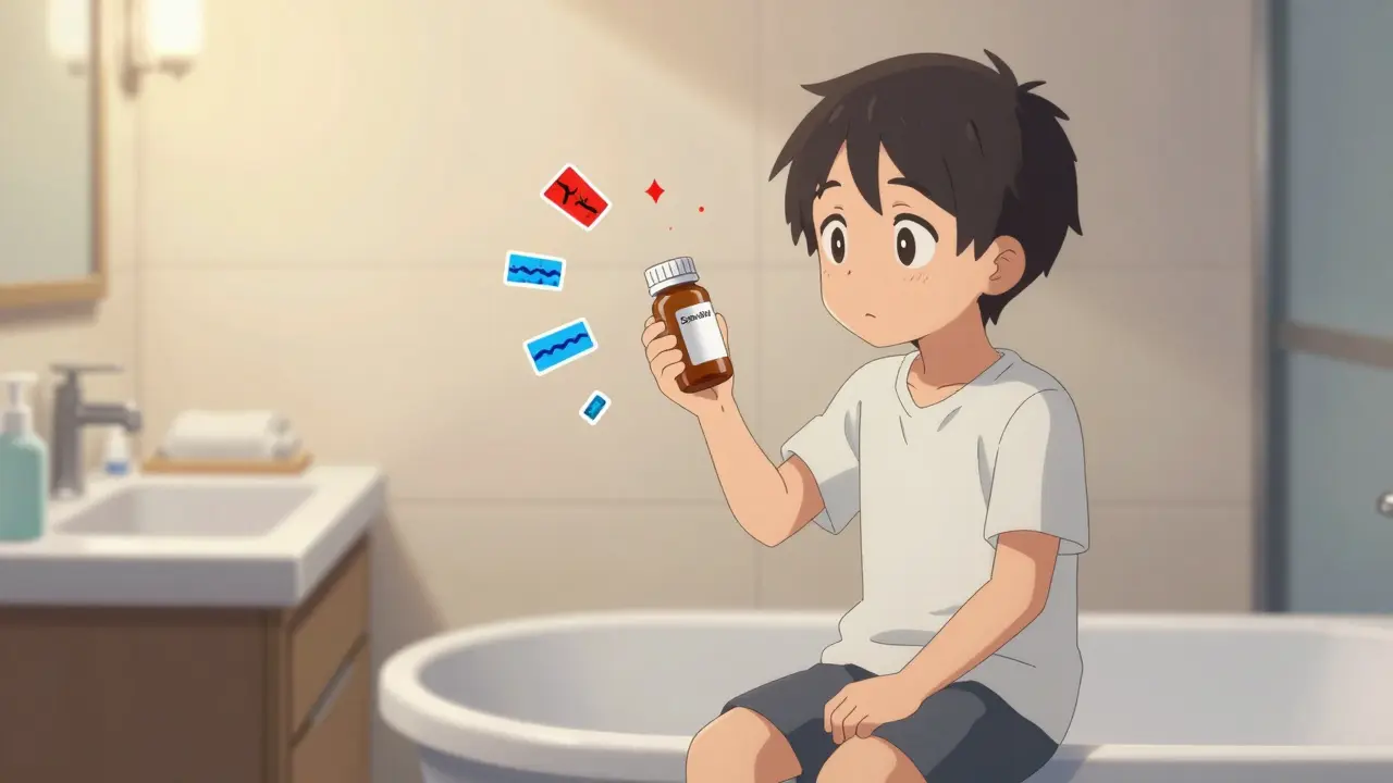 Patient checking medicine label instructions at home