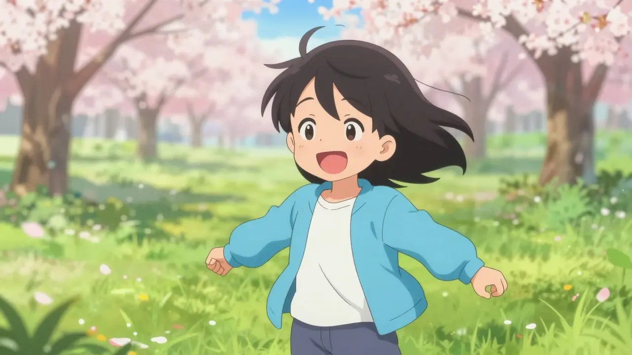 Smiling anime character standing in sunny park feeling energetic and confident.