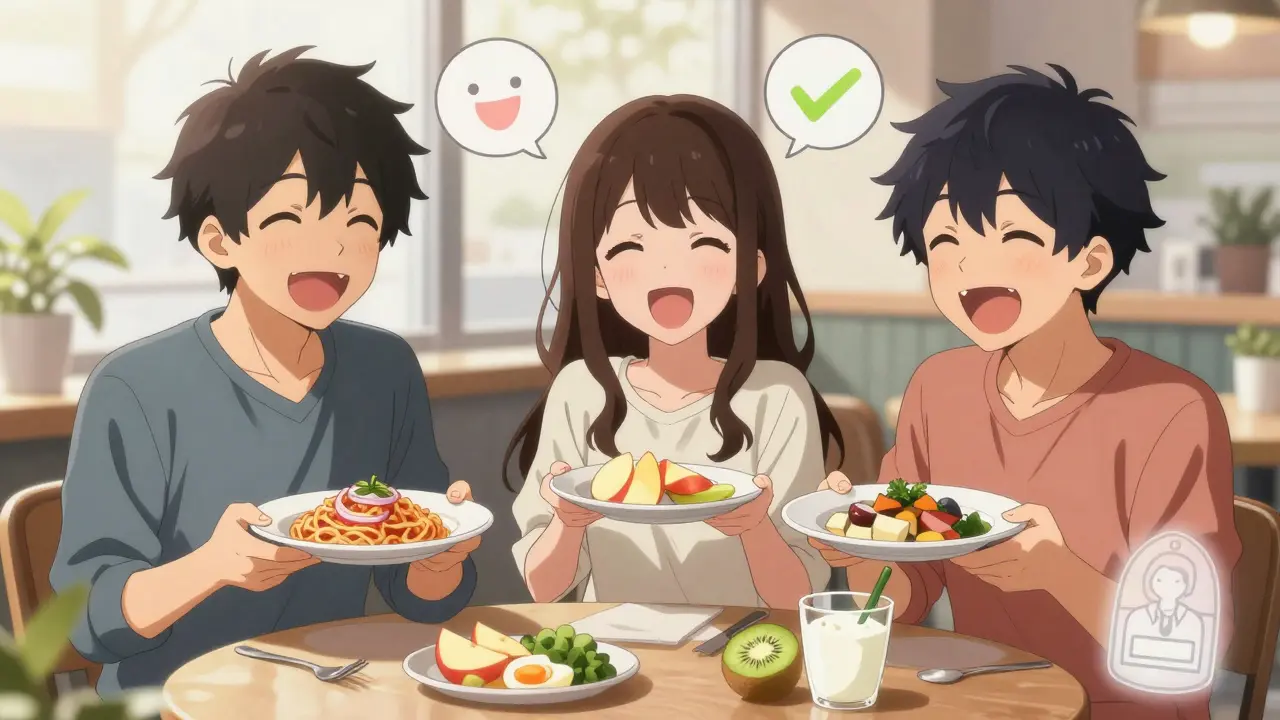 Three friends enjoying personalized low-FODMAP meals together, smiling and relaxed at a café.