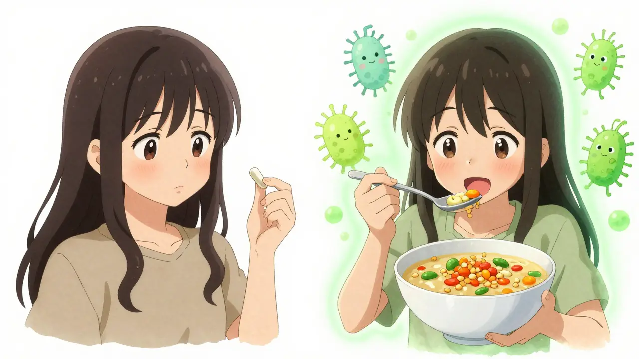 Two characters comparing supplement pill versus whole food lentil soup for fiber benefits.