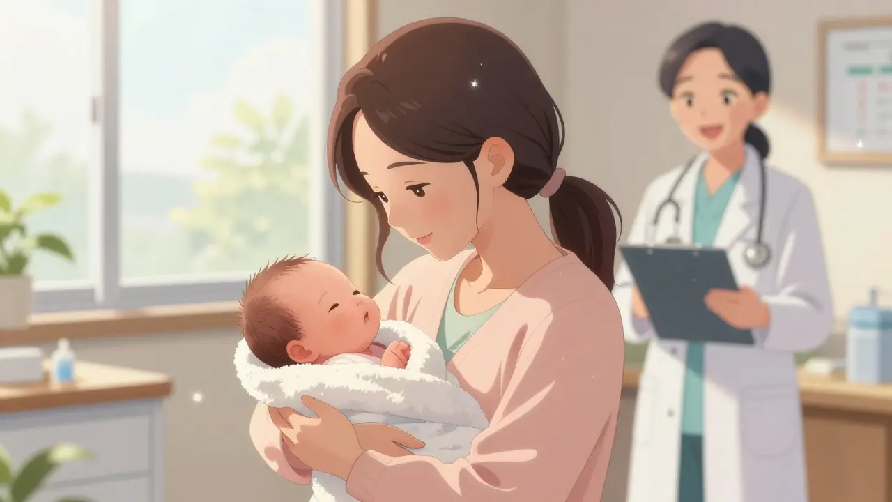 A mother holding her newborn baby in a pediatrician's office in moe style.
