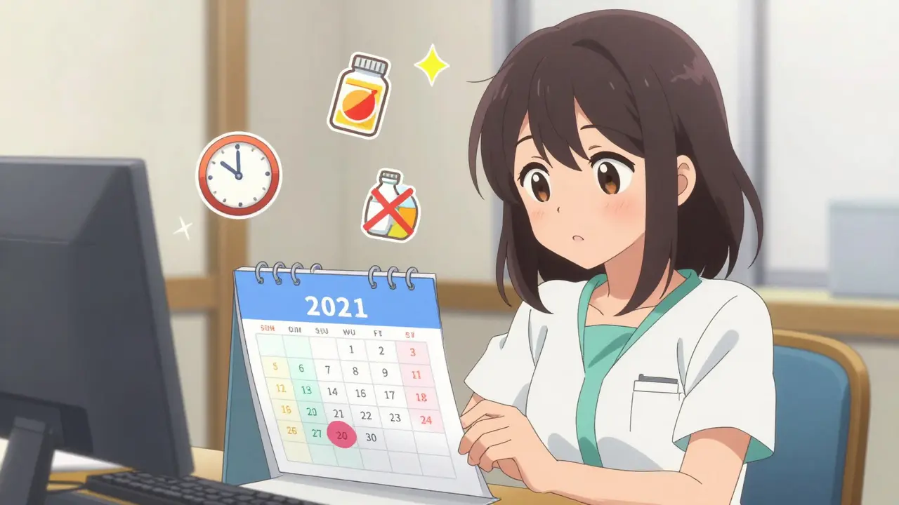 Anime girl planning a medication washout period with a stylized calendar.
