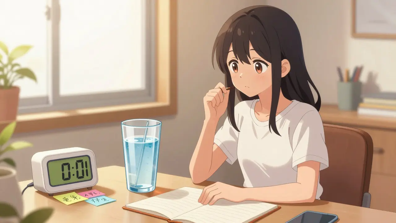 Anime girl with a clock and water glass managing her medication and fiber timing schedule.
