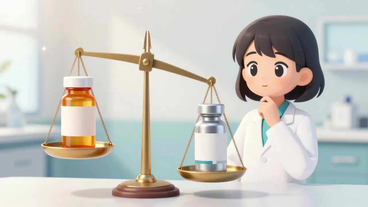 Anime illustration of a scale comparing a brand-name drug and a biosimilar.