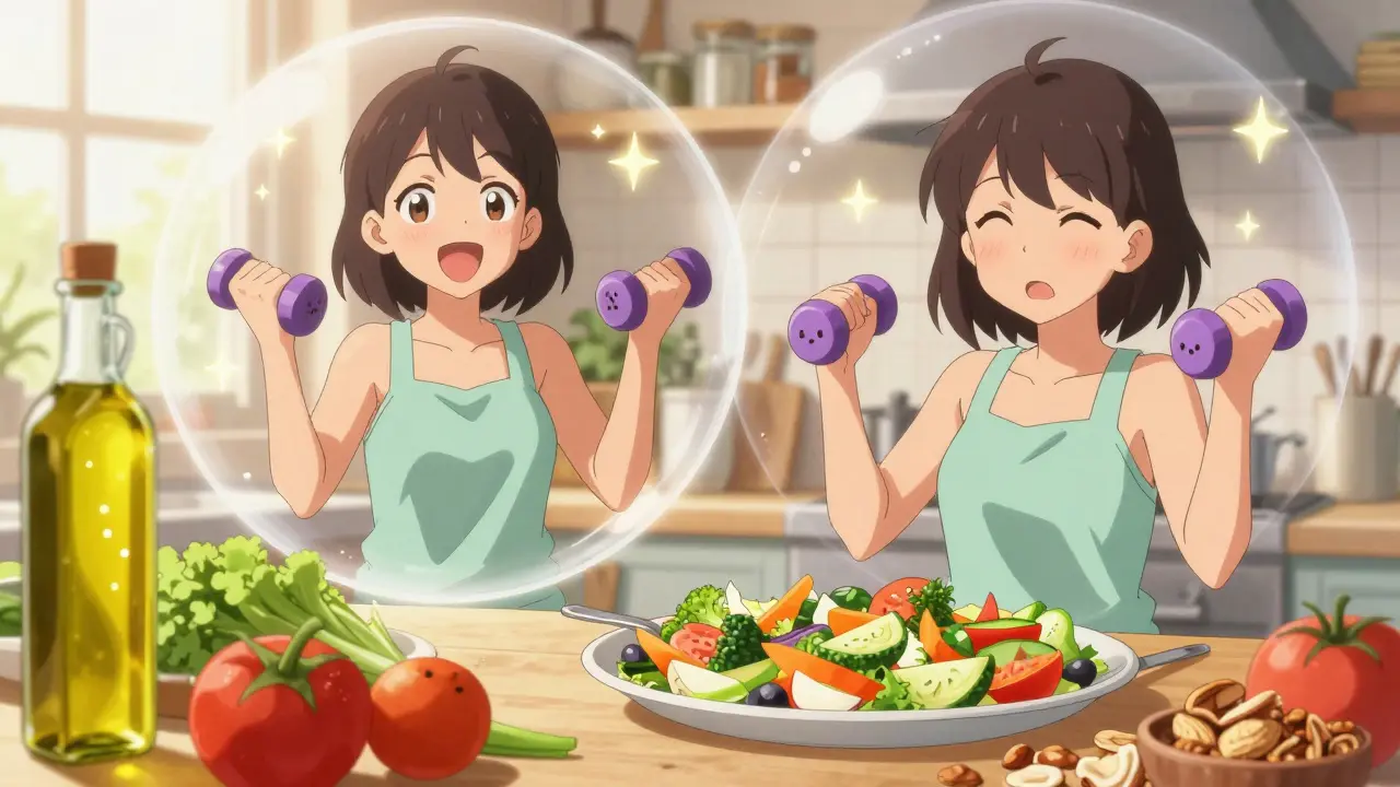 Cheerful anime girl preparing a Mediterranean diet meal and exercising with dumbbells.