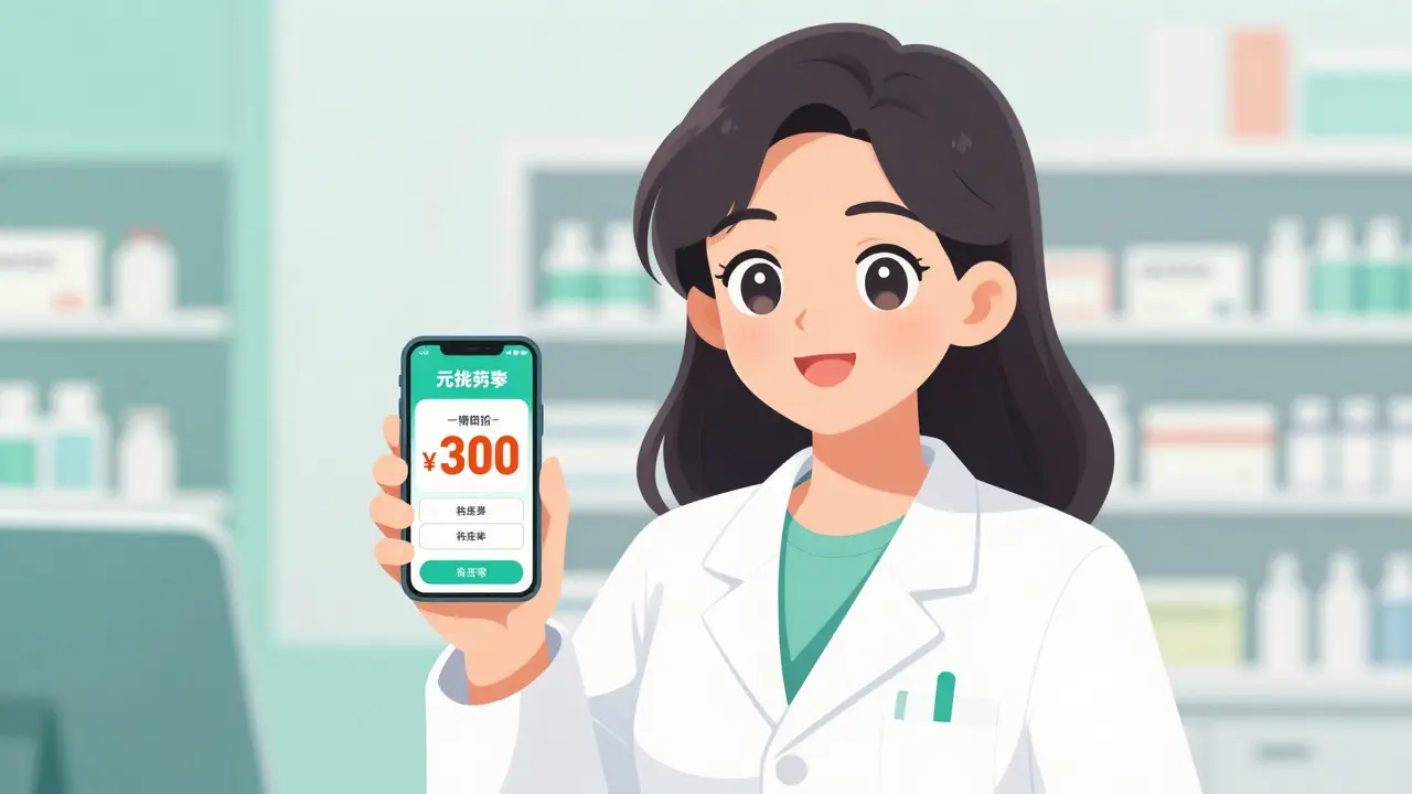 Cheerful moe style pharmacist showing a discount coupon on a smartphone