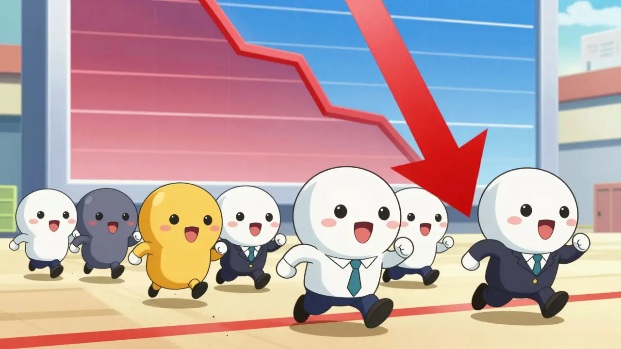 Chibi characters racing in a Moe anime style, representing competition driving down drug prices.