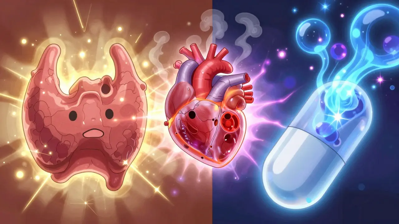Conceptual anime art showing a glowing thyroid and a stimulant pill affecting a pulsing heart