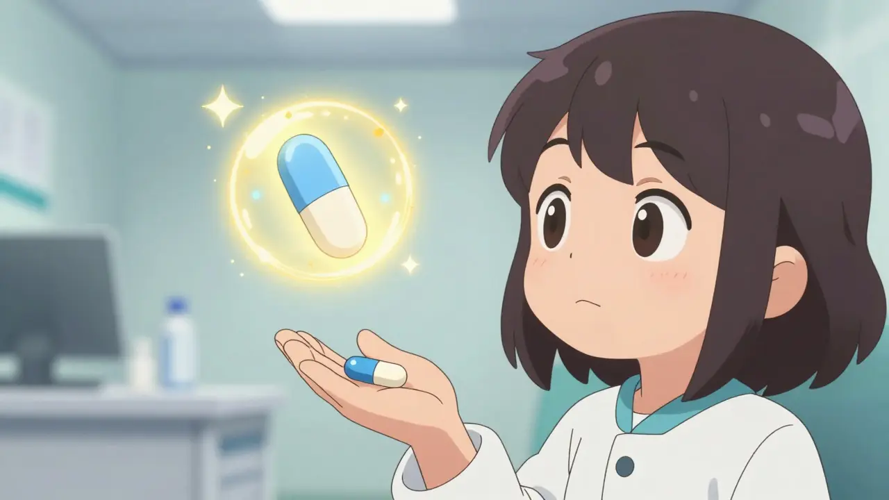 Cute anime character comparing two separate generic pills with one single combination pill.