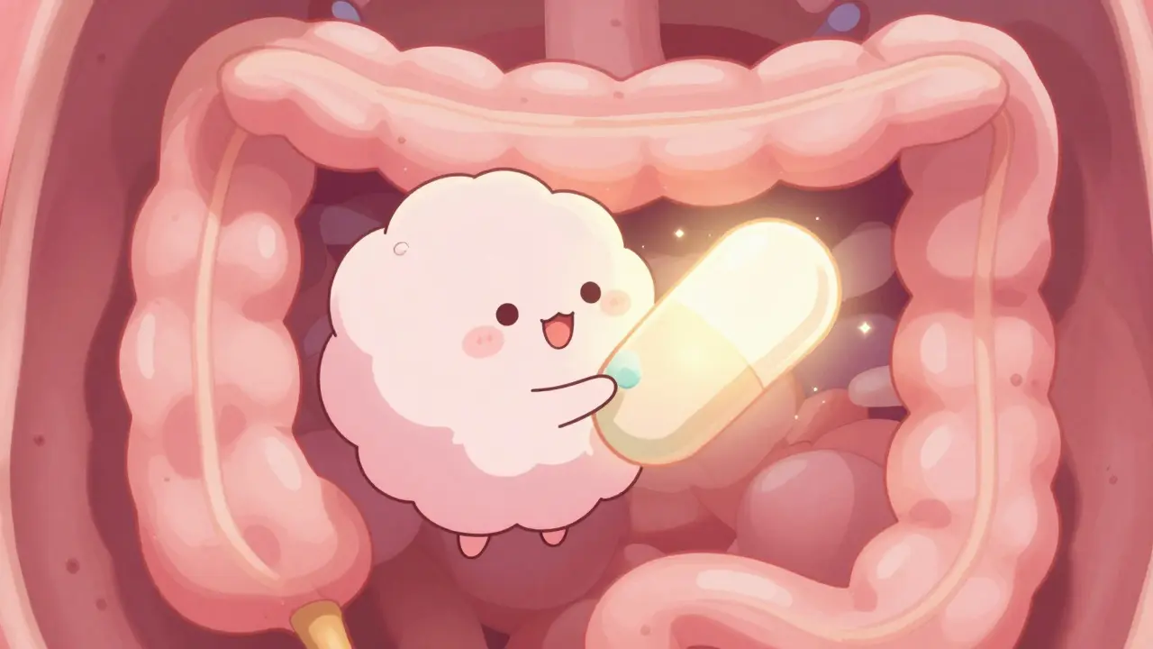 Cute personified fiber character trapping a glowing medication pill in a stylized gut environment.