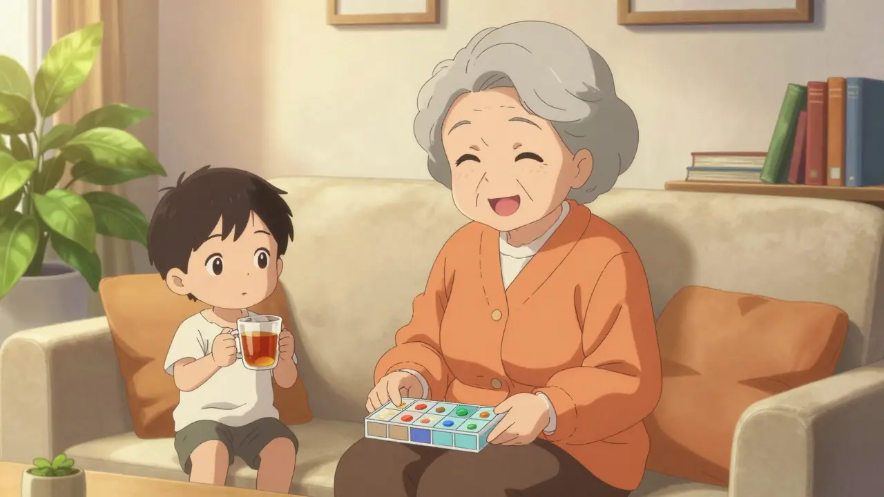 Elderly woman smiling with pill organizer and child nearby.