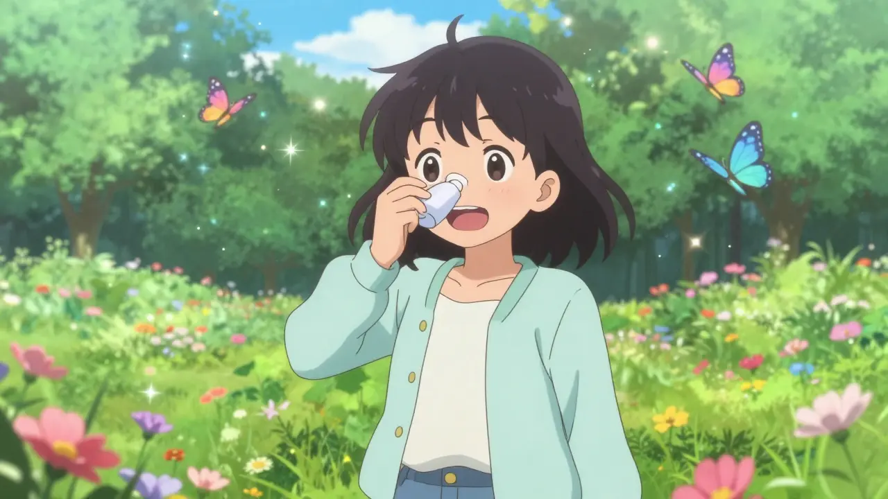 Happy anime girl enjoying a flower-filled park after allergy relief