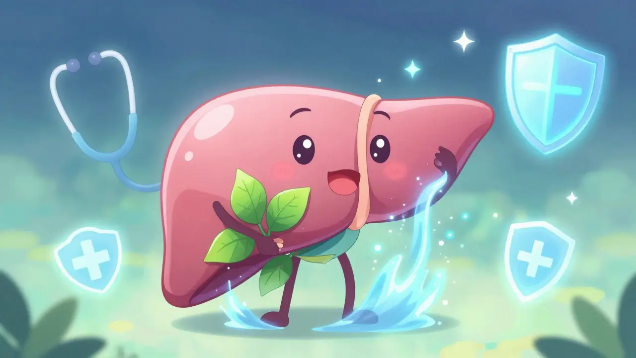 Happy, glowing anime liver character being healed by magical sparkles and green leaves.