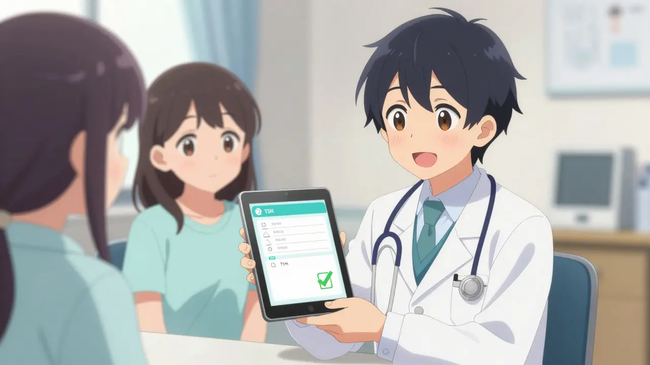 Moe style doctor and patient in a bright clinic reviewing a successful thyroid blood test