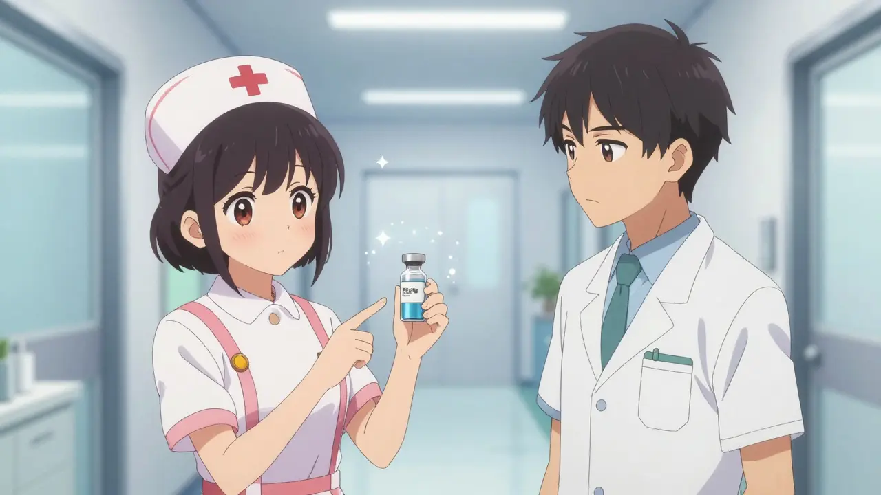 Moe style nurse and billing specialist discussing medication waste from a vial.