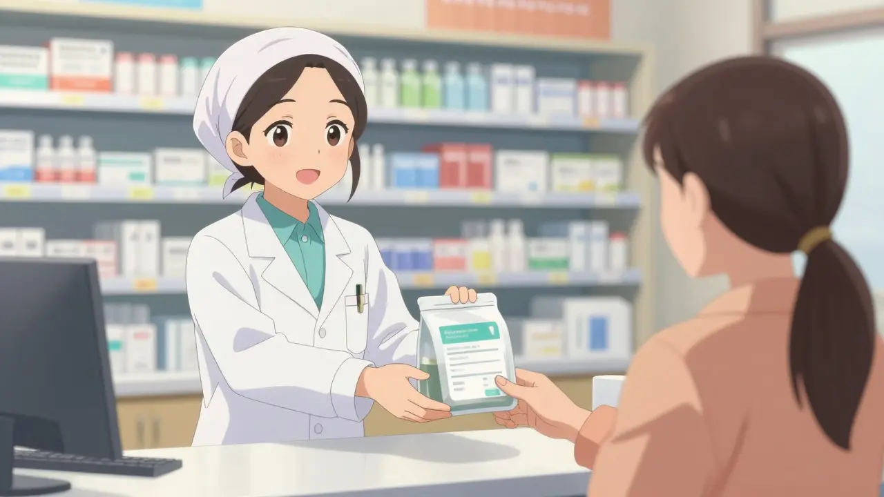 Moe style pharmacist handing medicine bag to patient at counter.